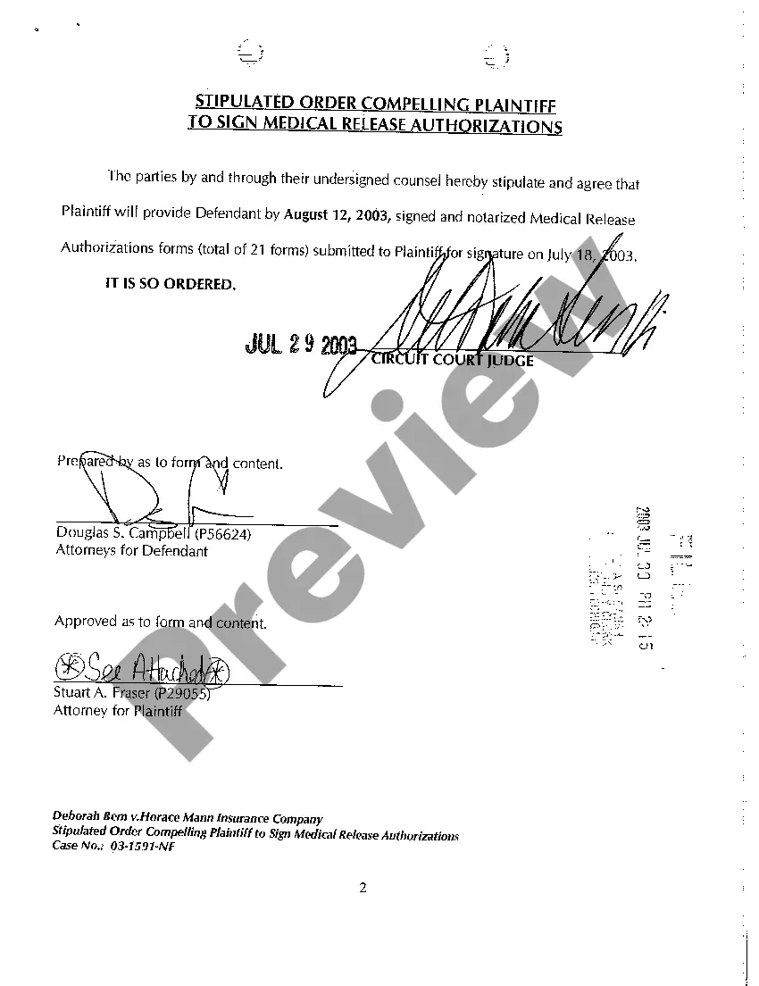 Get A14 Stipulated Order Compelling Plaintiff to Sign Medical Release Authorizations Preview A14 Stipulated Order Compelling Plaintiff to Sign Medical Release Authorizations