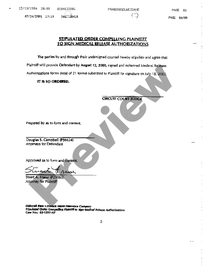 Get A14 Stipulated Order Compelling Plaintiff to Sign Medical Release Authorizations Preview A14 Stipulated Order Compelling Plaintiff to Sign Medical Release Authorizations