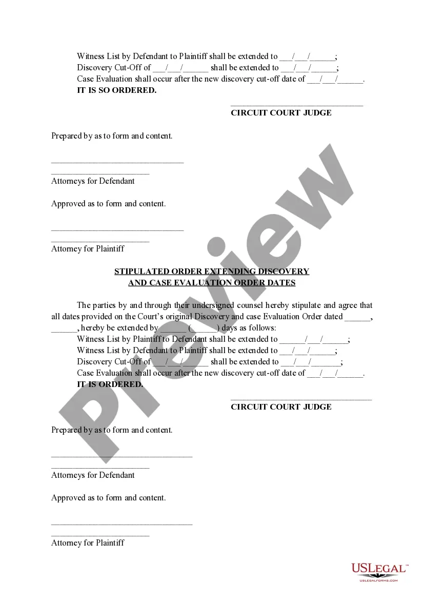 Preview Stipulated Order Extending Discovery And Case Evaluation Order Dates
