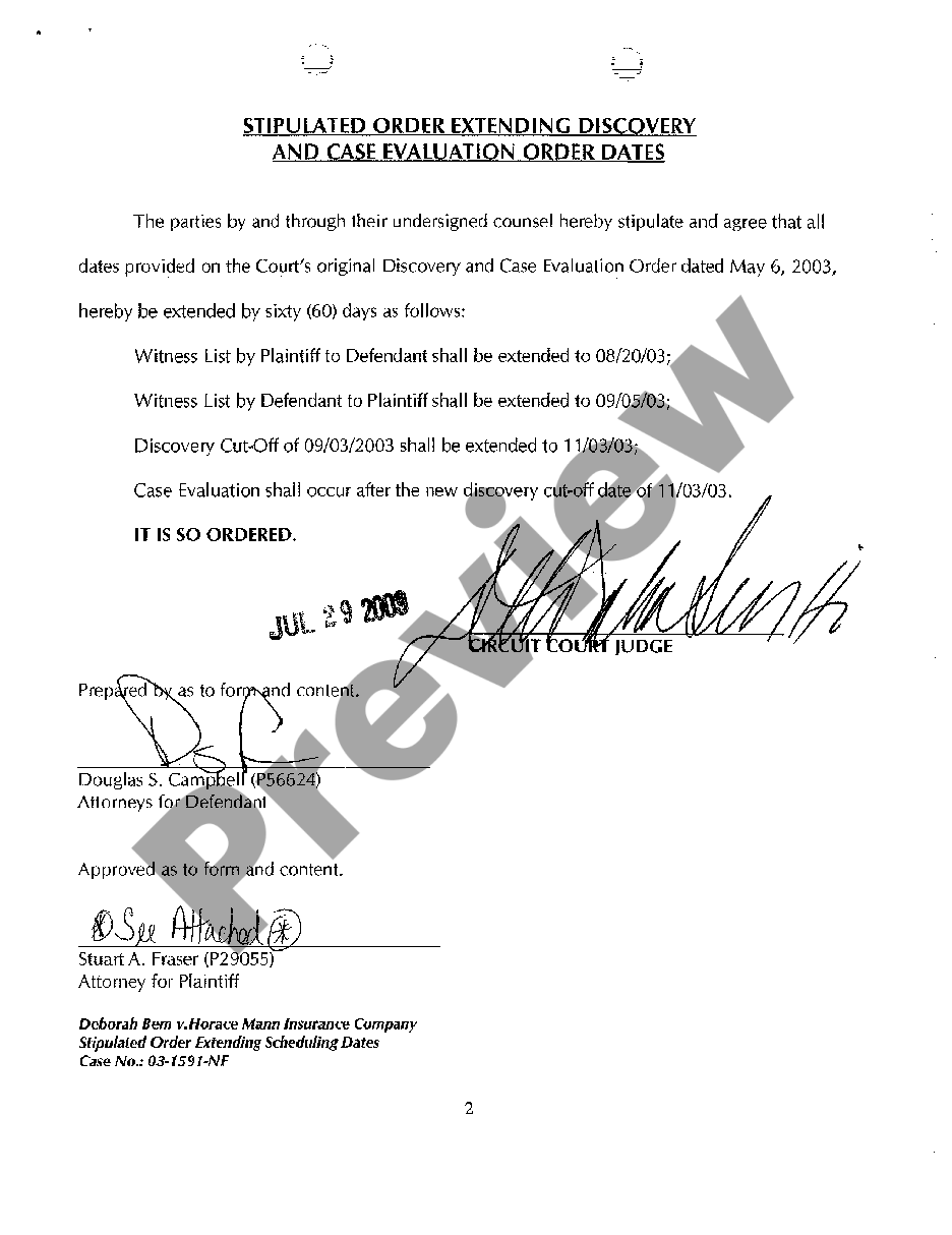 Lansing Michigan Stipulated Order Extending Discovery And Case