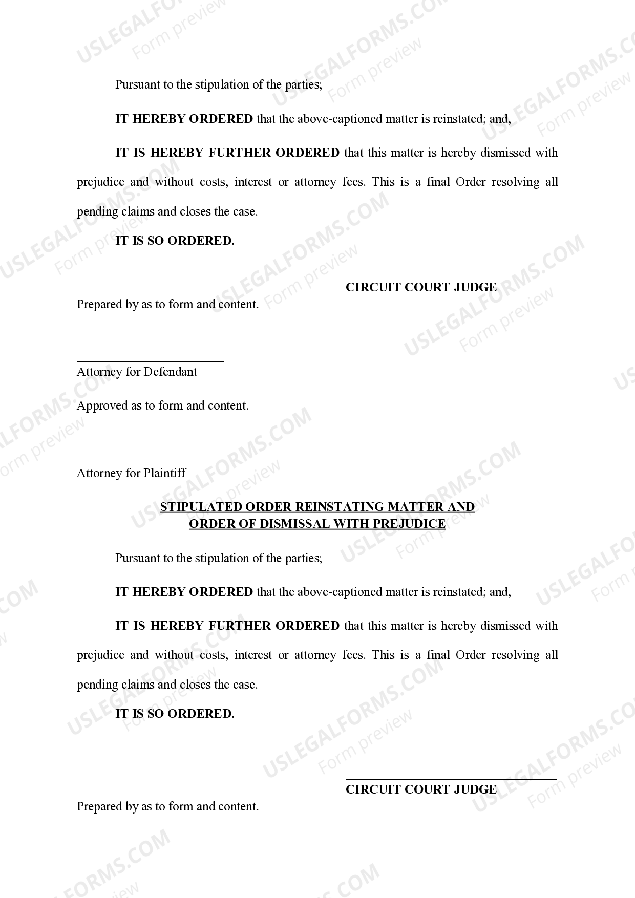 Michigan Stipulated Order Reinstating Matter And Order of Dismissal