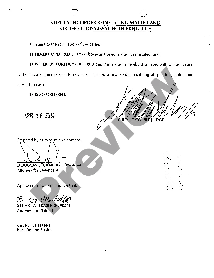 Preview A16 Stipulated Order Reinstating Matter And Order of Dismissal With Prejudice