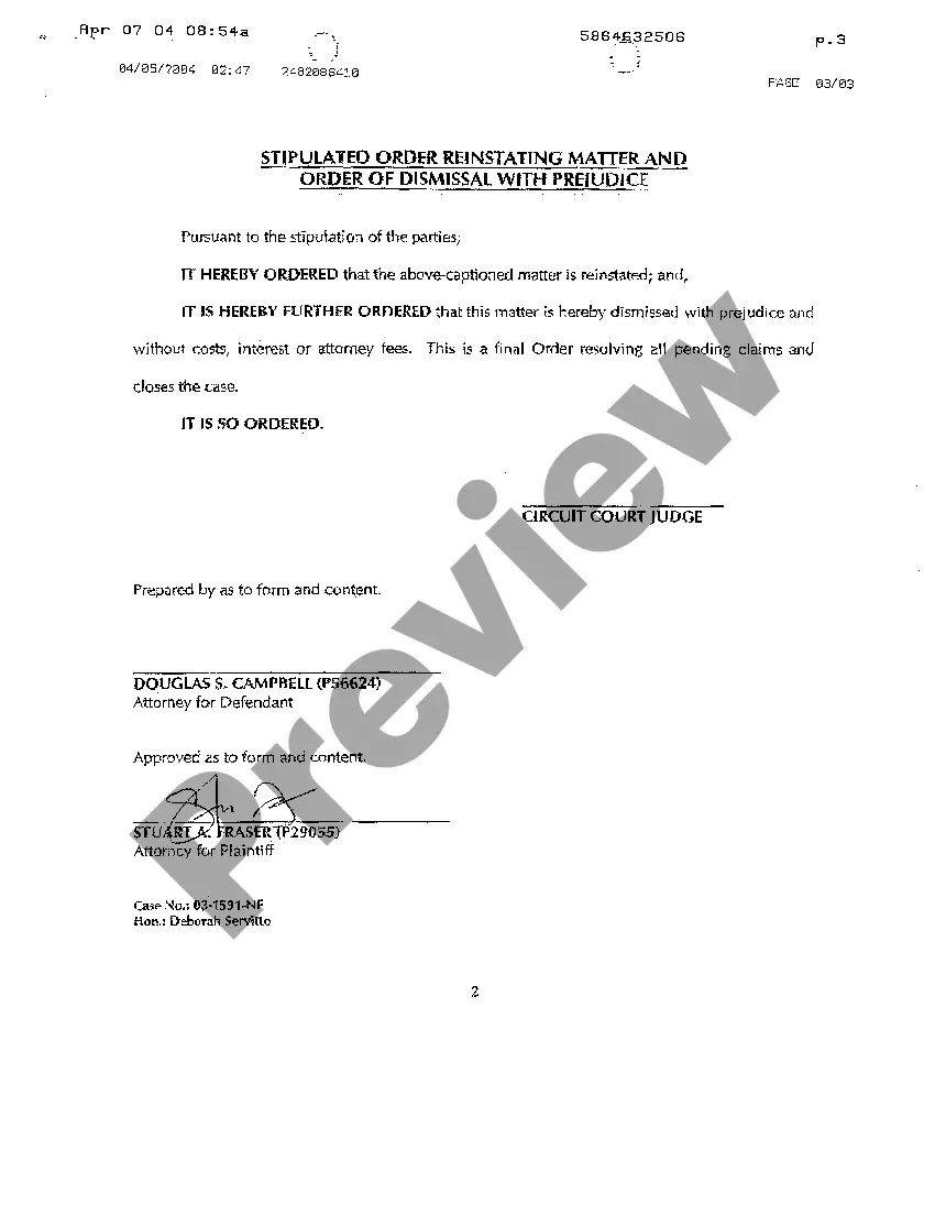 Preview A16 Stipulated Order Reinstating Matter And Order of Dismissal With Prejudice