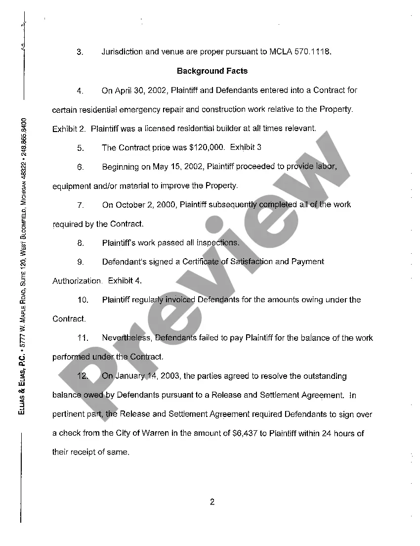 Preview A01 Complaint for Breach of Contract and Lien Foreclosure regarding Construction on Home