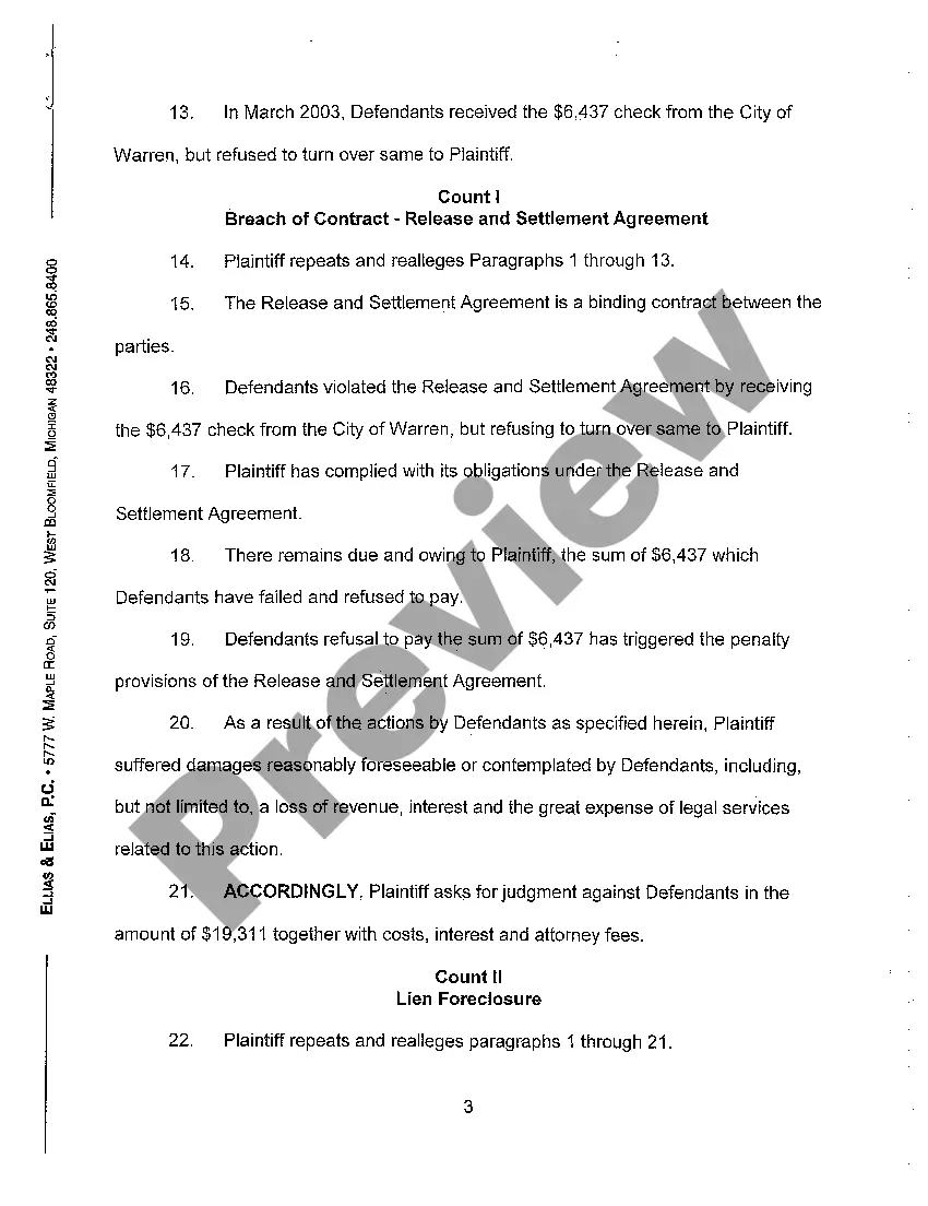 Preview A01 Complaint for Breach of Contract and Lien Foreclosure regarding Construction on Home