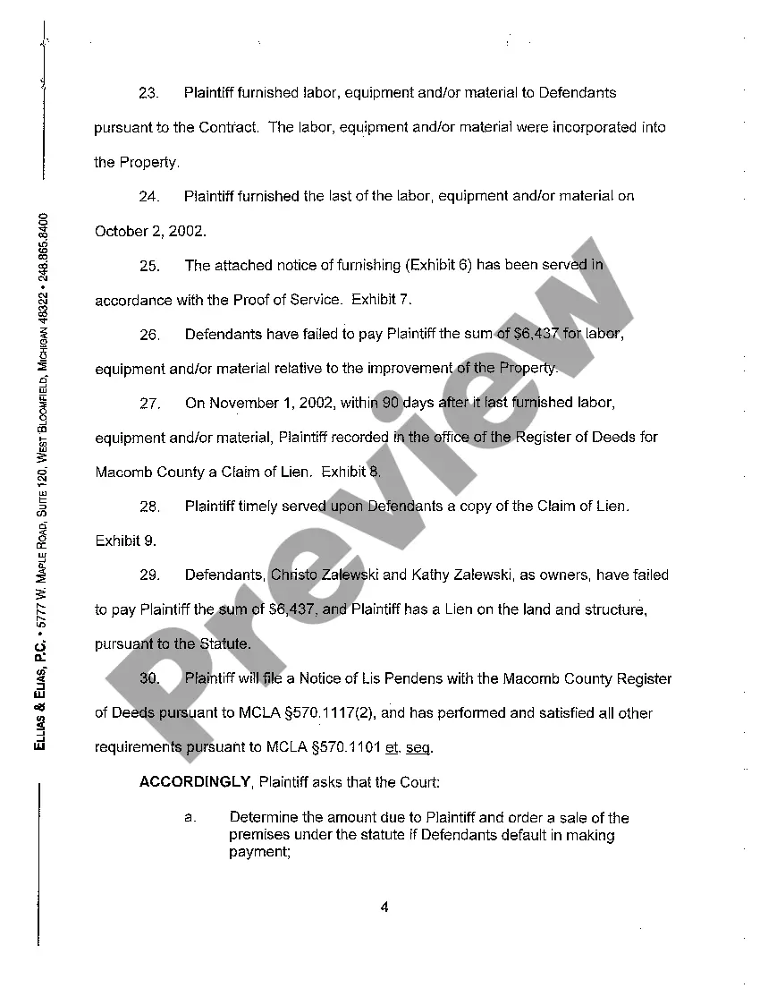 Preview A01 Complaint for Breach of Contract and Lien Foreclosure regarding Construction on Home