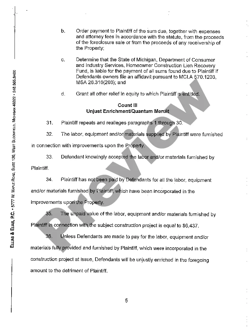 Preview A01 Complaint for Breach of Contract and Lien Foreclosure regarding Construction on Home