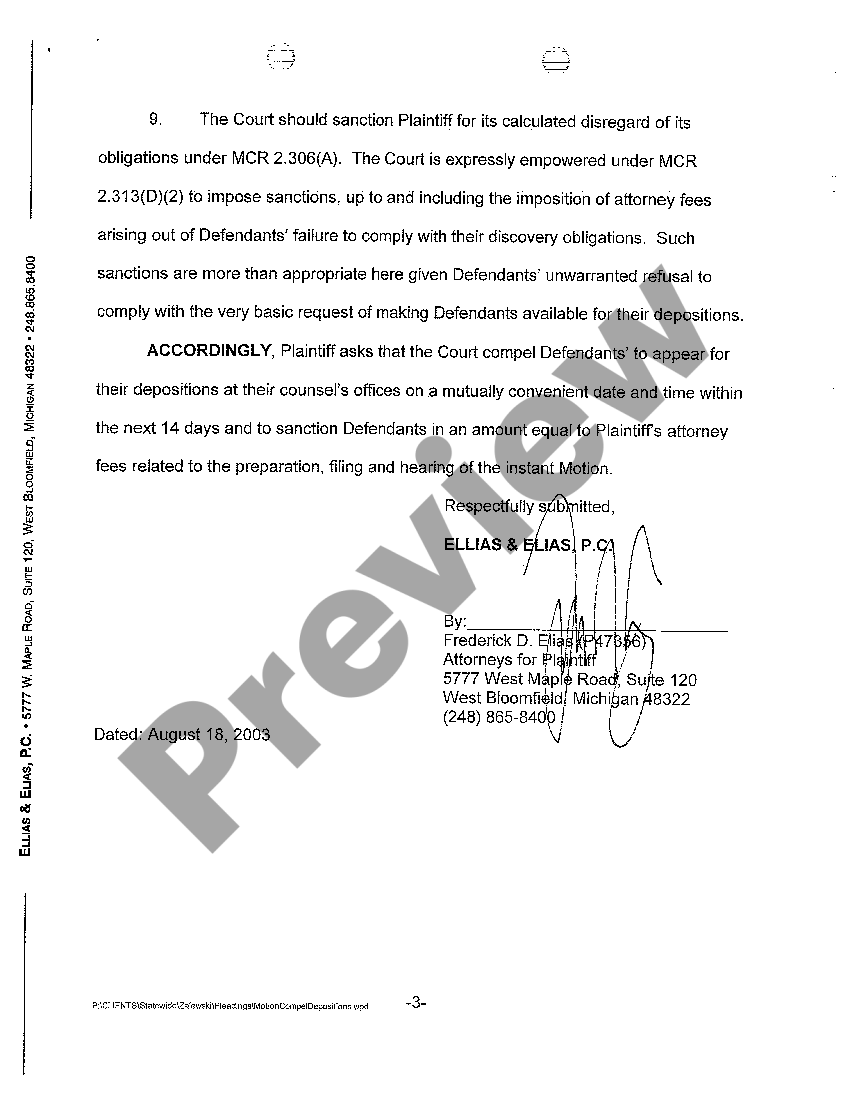 Detroit Michigan Plaintiff's Motion to Compel Depositions of Defendants