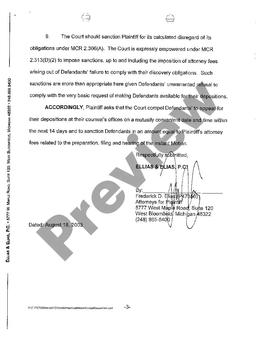 Preview A08 Plaintiff's Motion to Compel Depositions of Defendants And for Sanctions