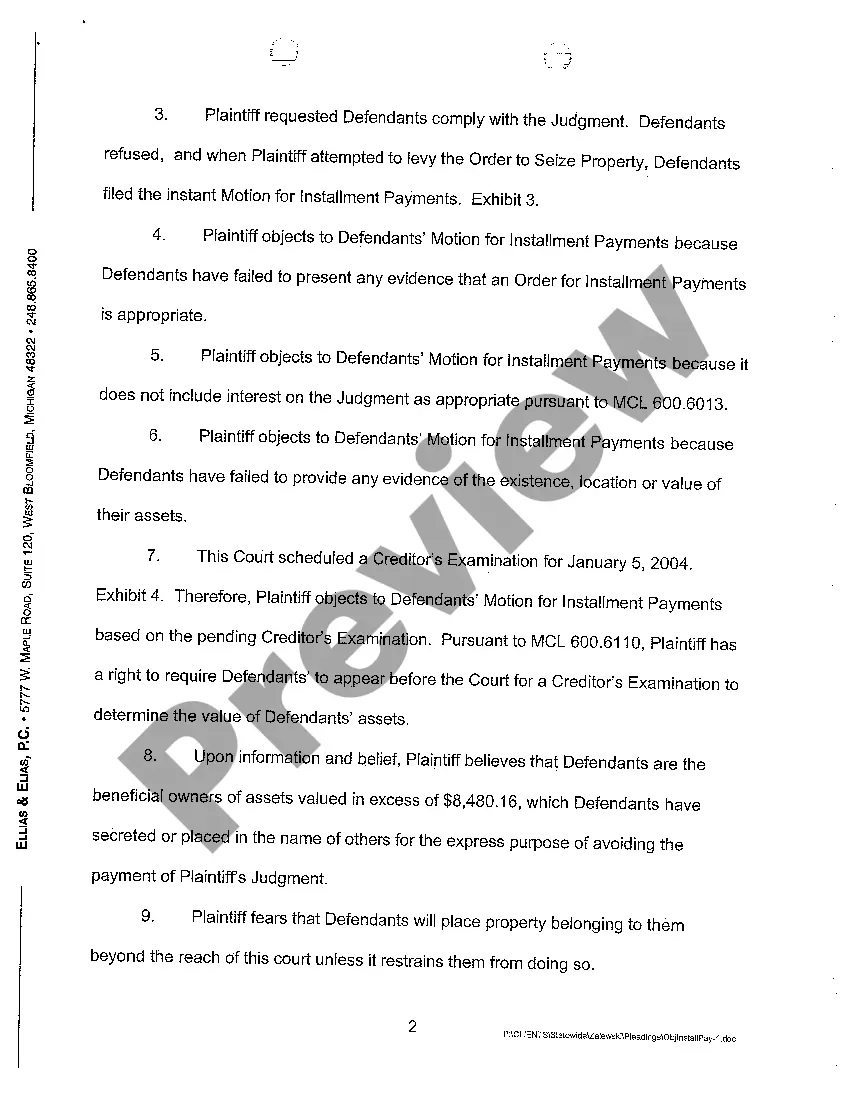 Get A14 Objections to Defendants' Motion for Installment Payments And Plaintiff's Request for Hearing Preview A14 Objections to Defendants' Motion for Installment Payments And Plaintiff's Request for Hearing