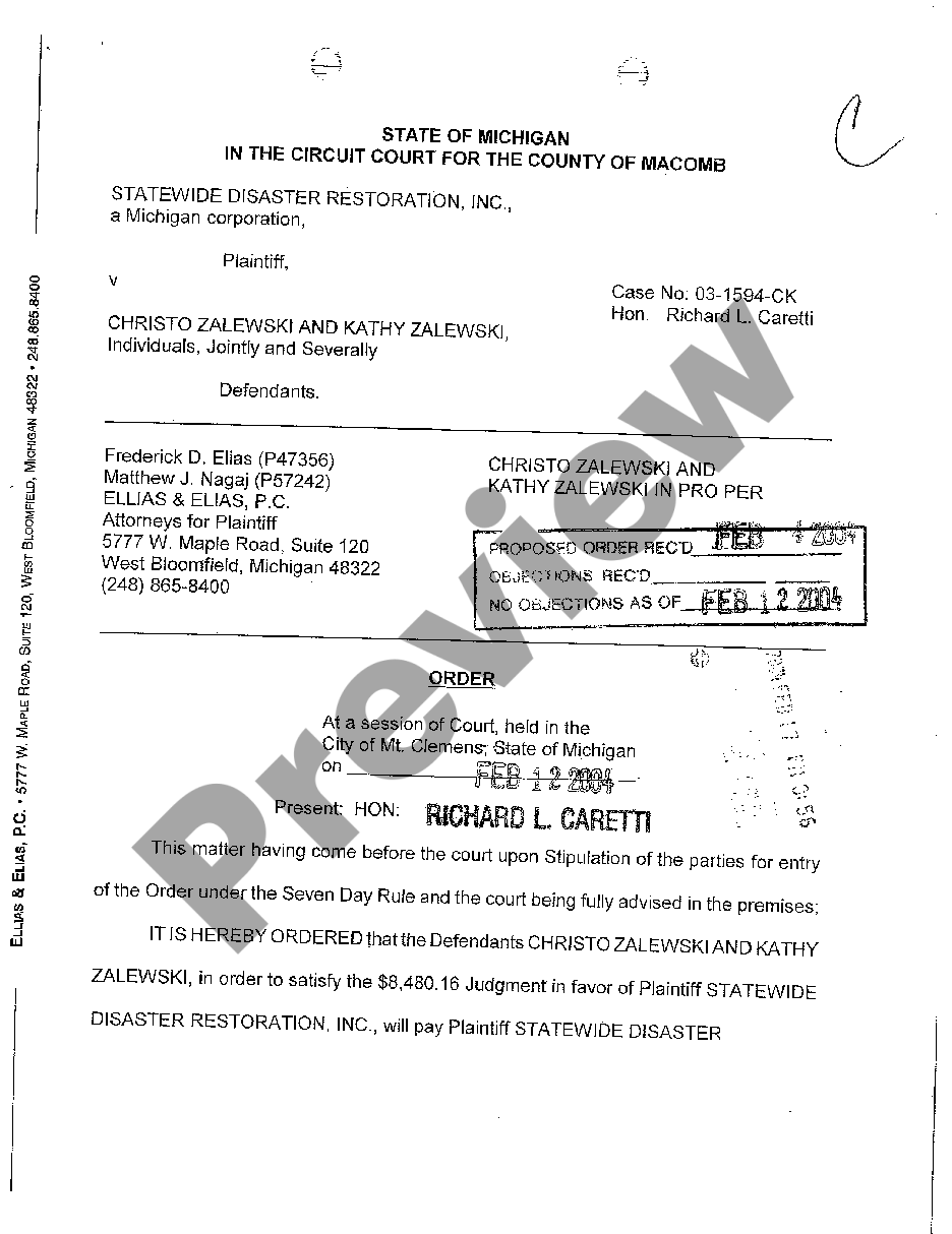 Detroit Michigan Order Approving Final Stipulation | US Legal Forms