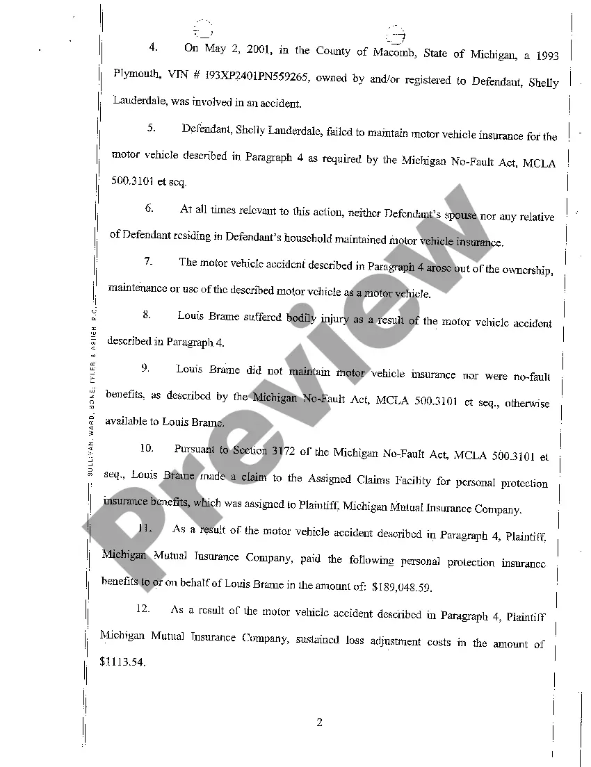 Preview A01 Complaint Against Negligent Driver pursuant to No-Fault Act