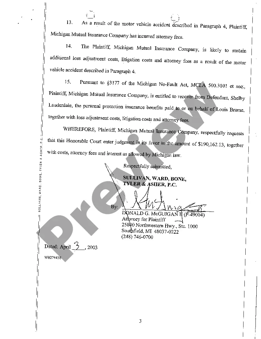 Preview A01 Complaint Against Negligent Driver pursuant to No-Fault Act