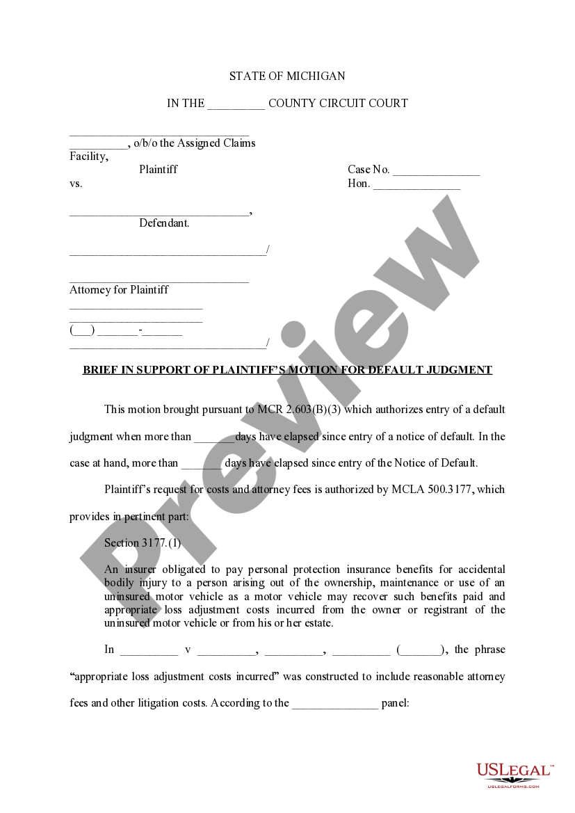 Michigan Brief in Support of Plaintiff’s Motion For Default Judgment US Legal Forms