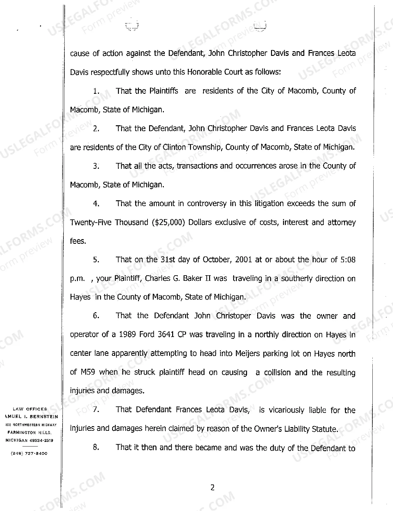 Preview A01 Complaint And Jury Demand regarding Two Car Collision