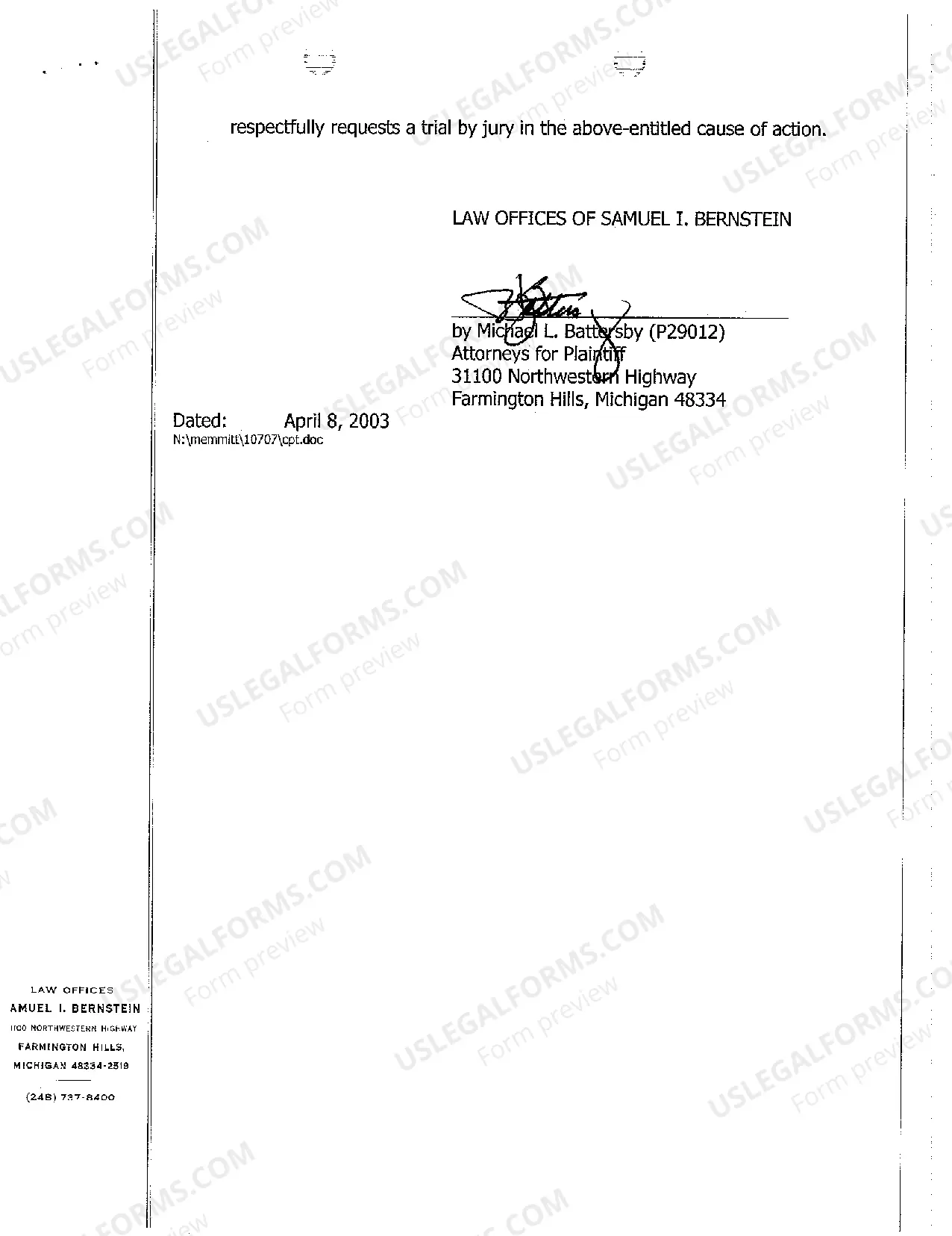 Preview A01 Complaint And Jury Demand regarding Two Car Collision