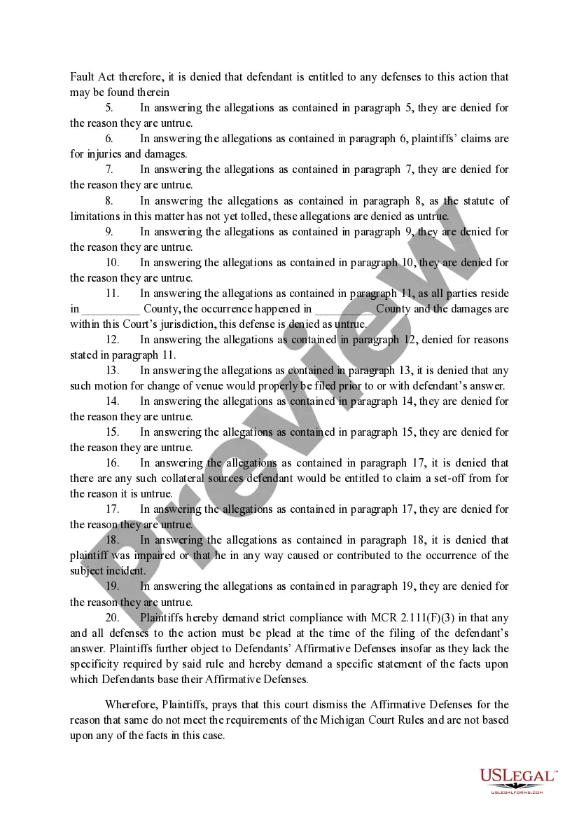 Preview Plaintiffs' Responses to Affirmative Defenses and Reservation of Affirmative Defenses
