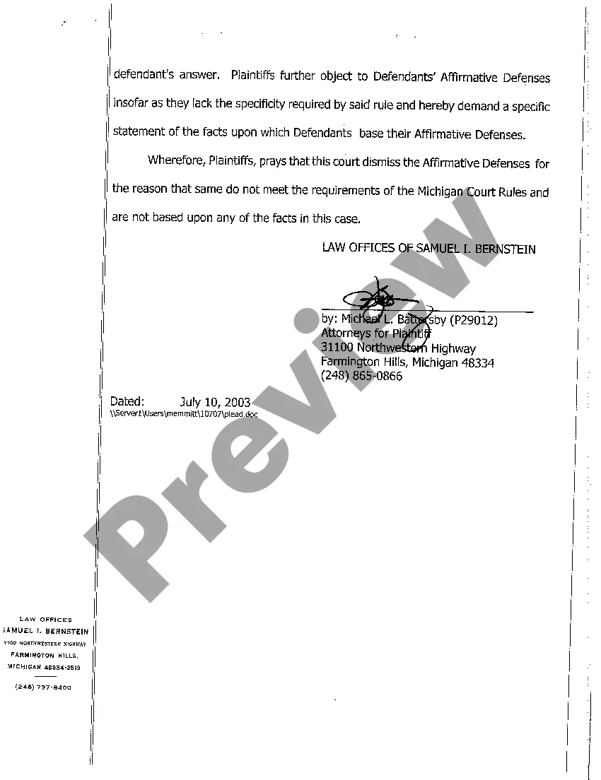 Get A03 Plaintiffs' Responses to Affirmative Defenses And Reservation of Affirmative Defenses Preview A03 Plaintiffs' Responses to Affirmative Defenses And Reservation of Affirmative Defenses