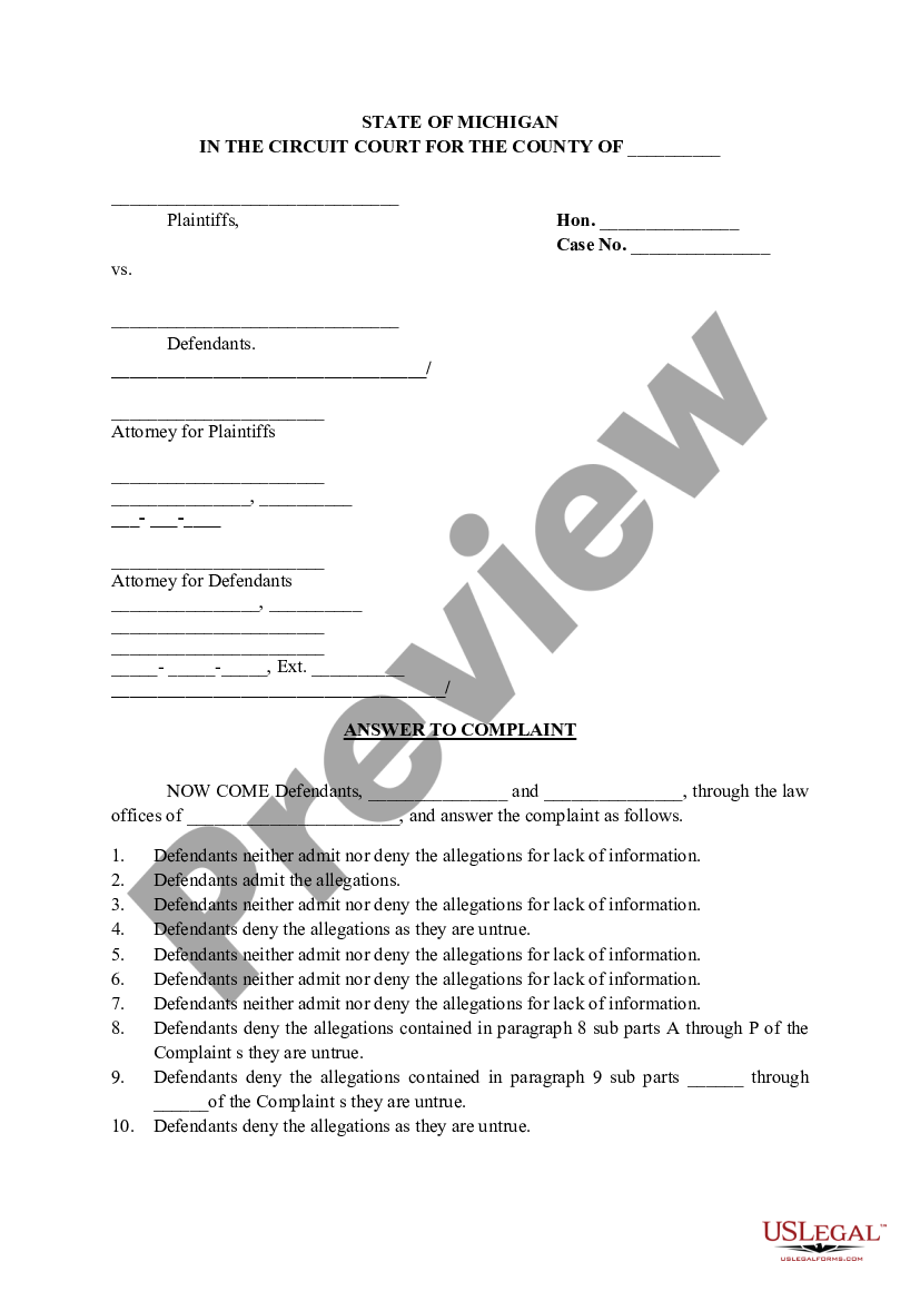 Michigan Answer To Complaint | US Legal Forms