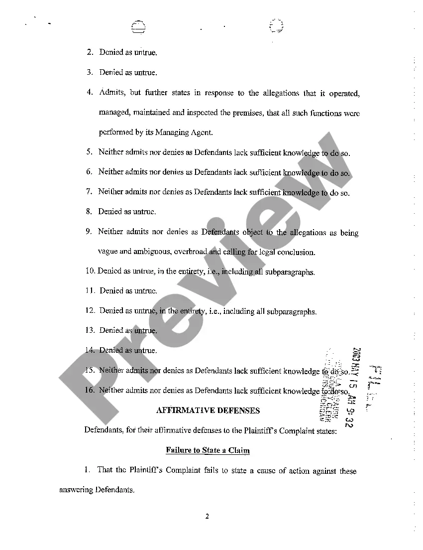 Preview A09 Defendants' Answer to Complaint, Affirmative Defenses And Jury Demand