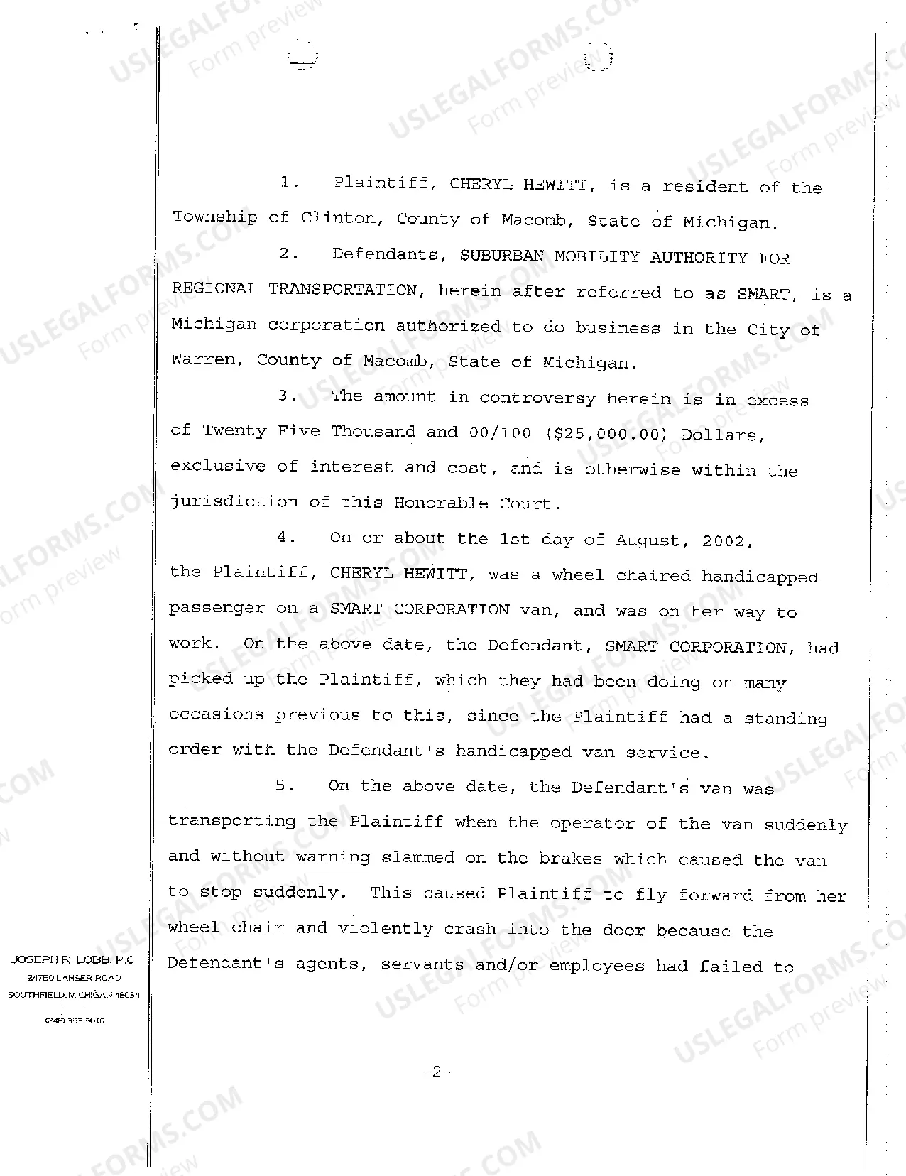 Preview A01 Complaint regarding Personal Injury to Handicapped Passenger in Transport Van