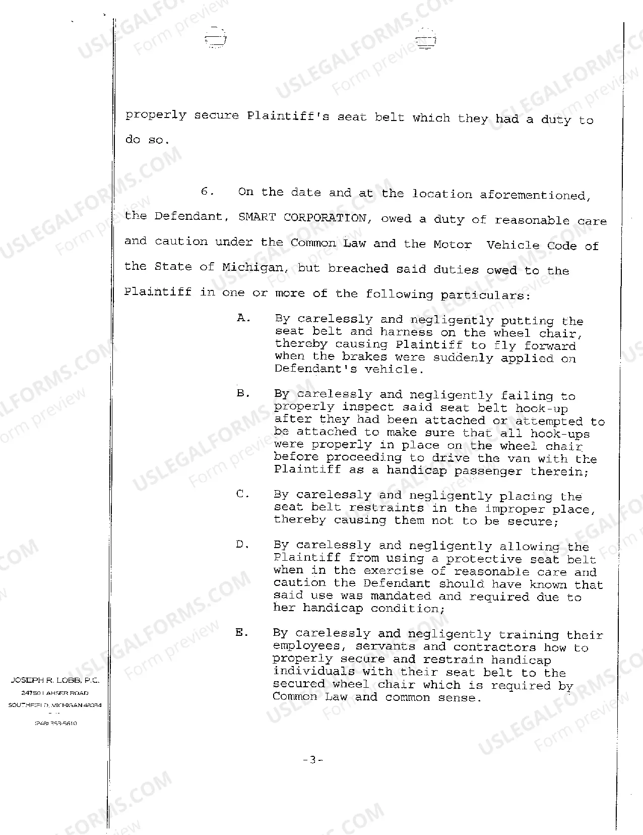 Preview A01 Complaint regarding Personal Injury to Handicapped Passenger in Transport Van