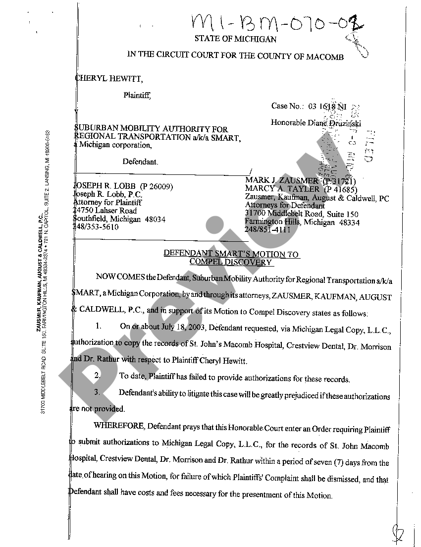 Michigan Defendant Start's Motion to Compel Discovery US Legal Forms