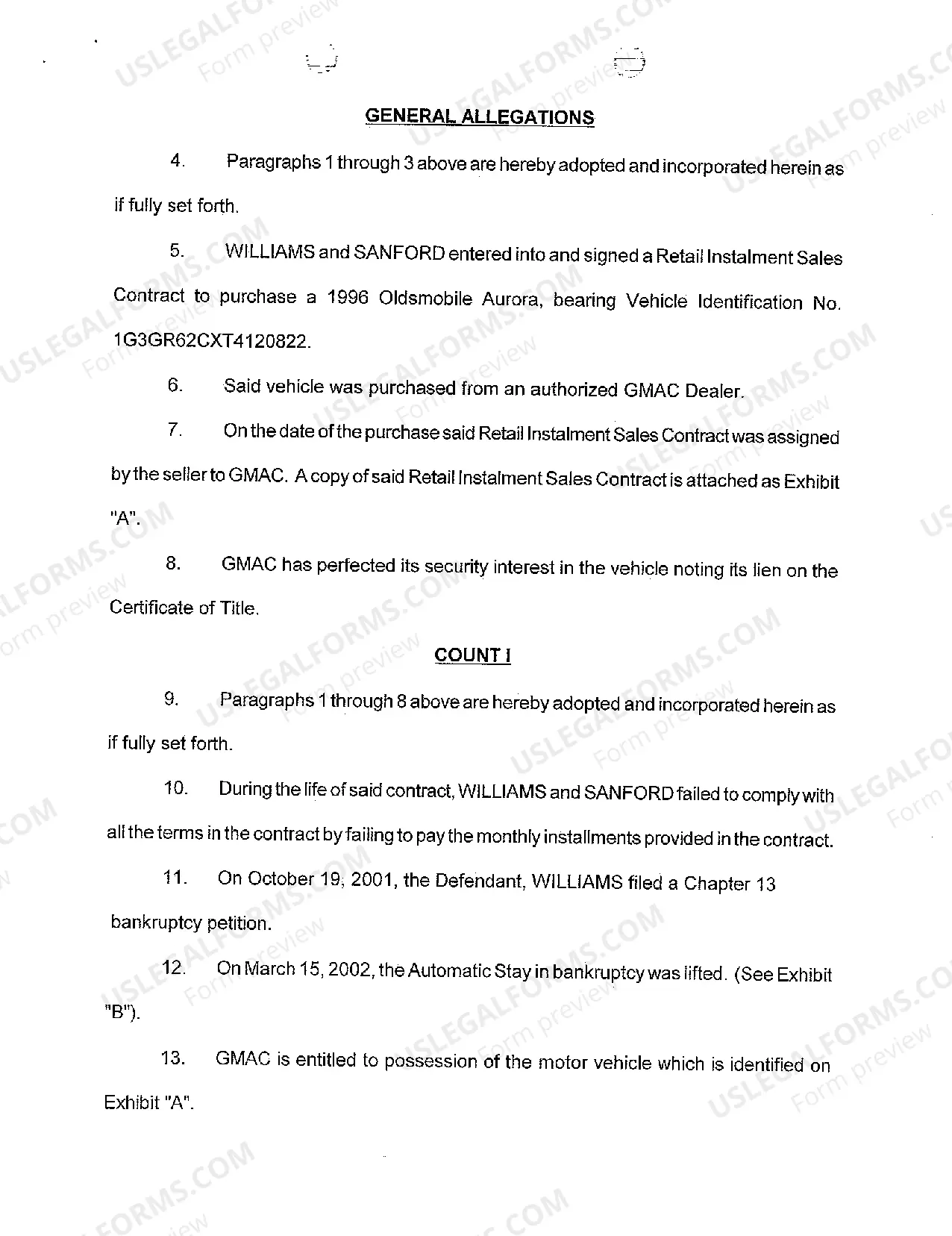 Preview A01 Complaint for Possession of Vehicle after Default on Installment Sales Contract