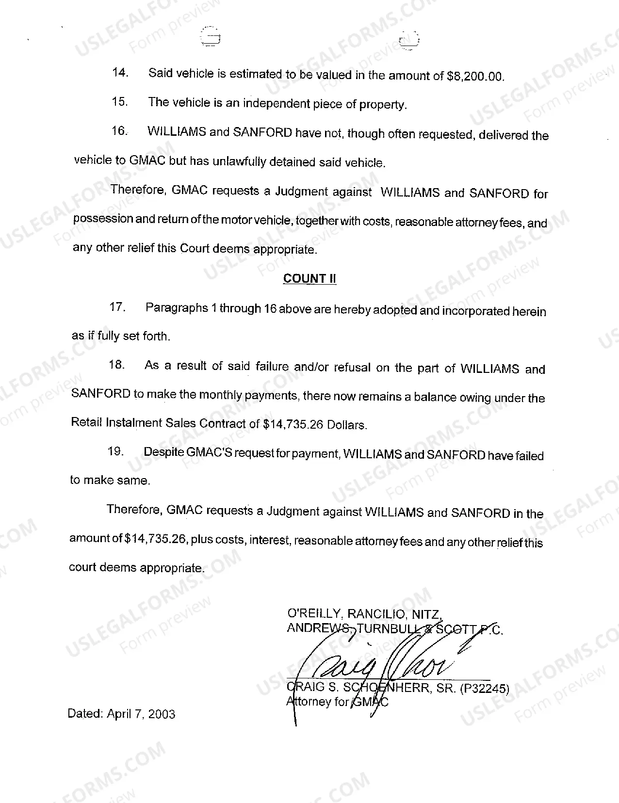 Preview A01 Complaint for Possession of Vehicle after Default on Installment Sales Contract