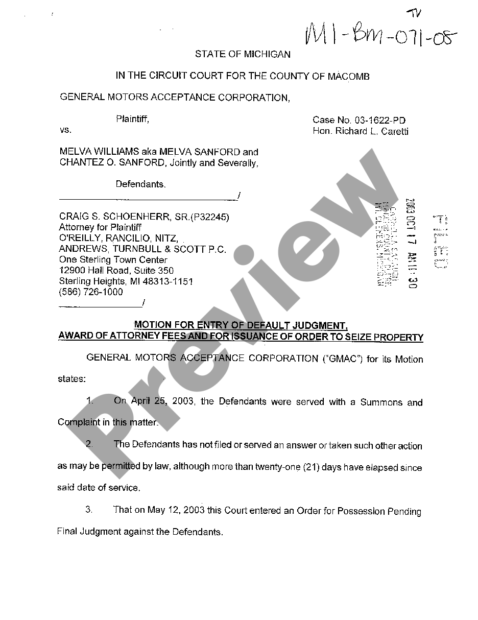 Oakland Michigan Motion for Entry of Default Judgment Award of Attorney