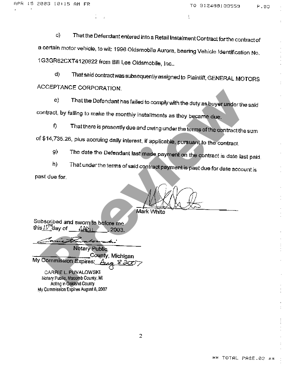 Grand Rapids Michigan Affidavit In Support Of Motion For Entry Of Default Judgment Us Legal Forms 1525