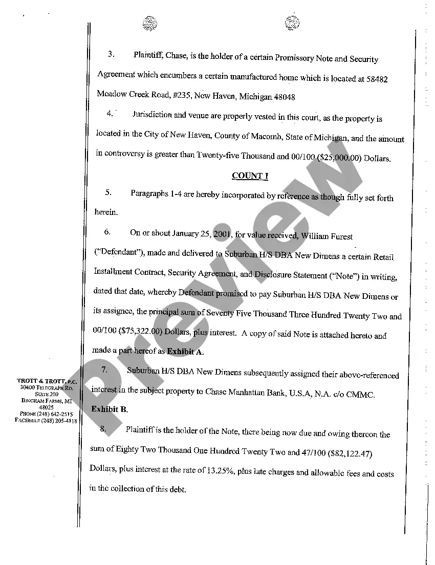 Preview Complaint for Delivery of Property And for Damages