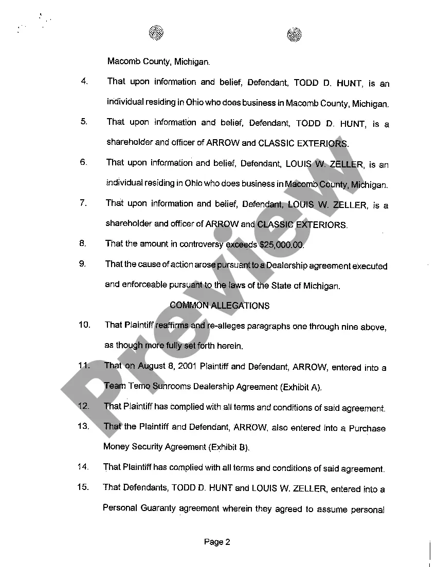 Preview A01 Complaint regarding Default on Payment Under Dealership Agreement and Purchase Money Agreement