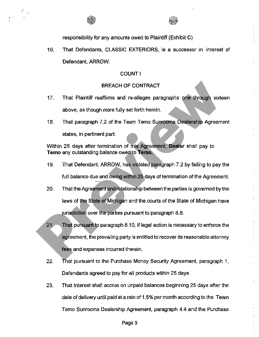 Preview A01 Complaint regarding Default on Payment Under Dealership Agreement and Purchase Money Agreement