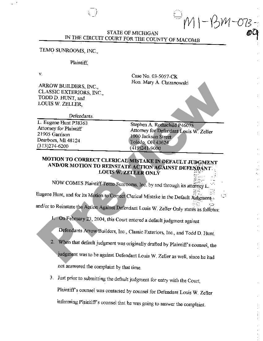 Wayne Michigan Motion to Correct Clerical Mistake In Default Judgment