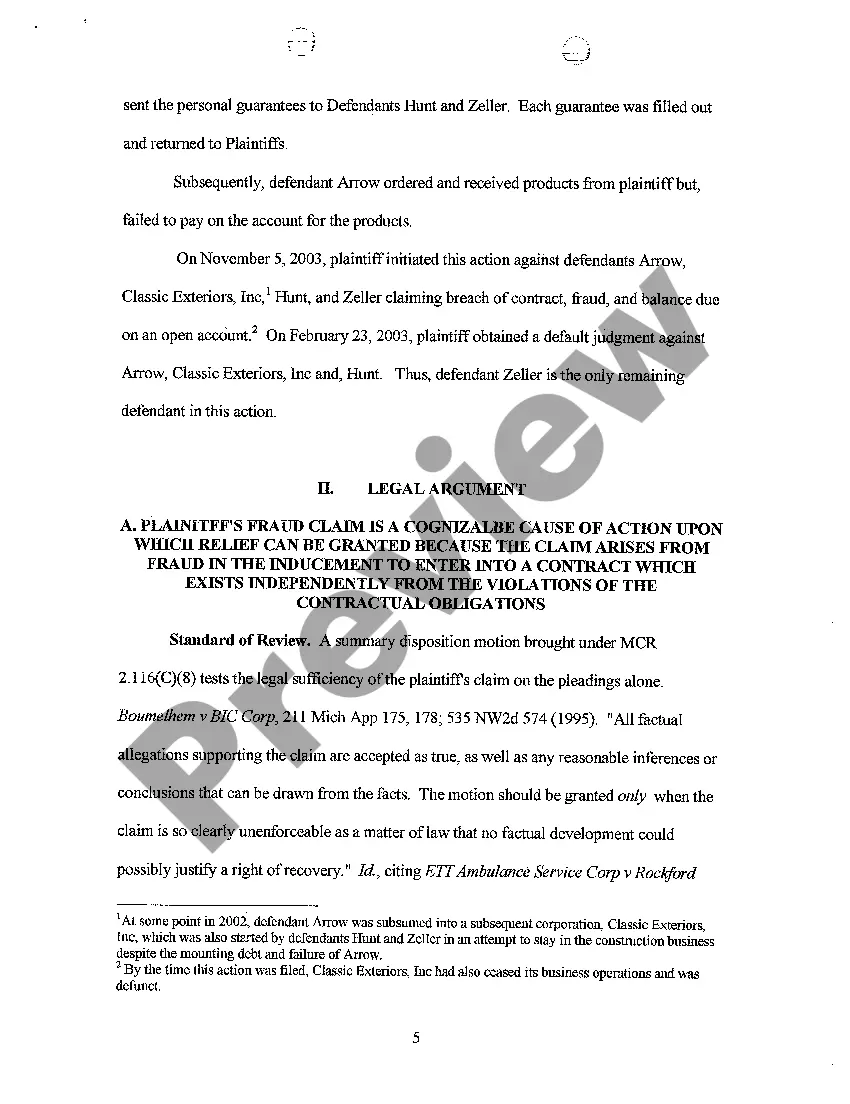 Preview A12 Plaintiff's Response to Defendant Motion for Summary Disposition And Memorandum In Support