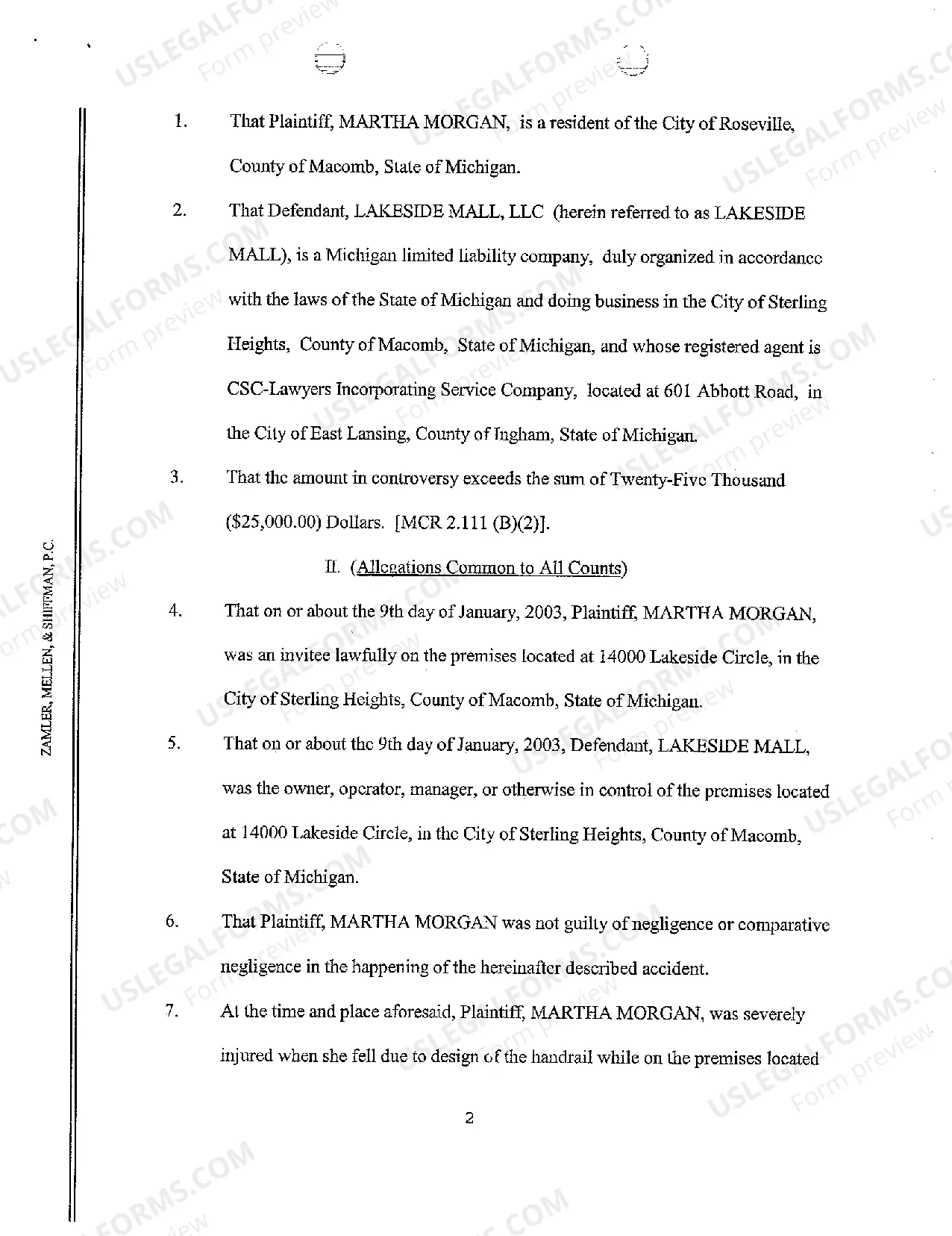 Preview A01 Complaint And Demand for Jury Trial regarding Fall Off Handrail at Mall