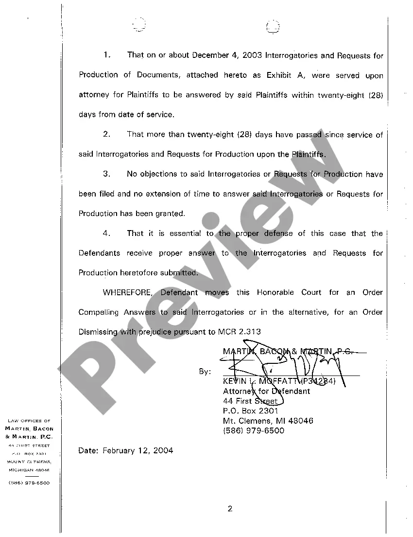 Get A06 Defendant's Motion to Dismiss And Or Compel Answers to Interrogatories And Requests for Production of Documents Preview A06 Defendant's Motion to Dismiss And Or Compel Answers to Interrogatories And Requests for Production of Documents