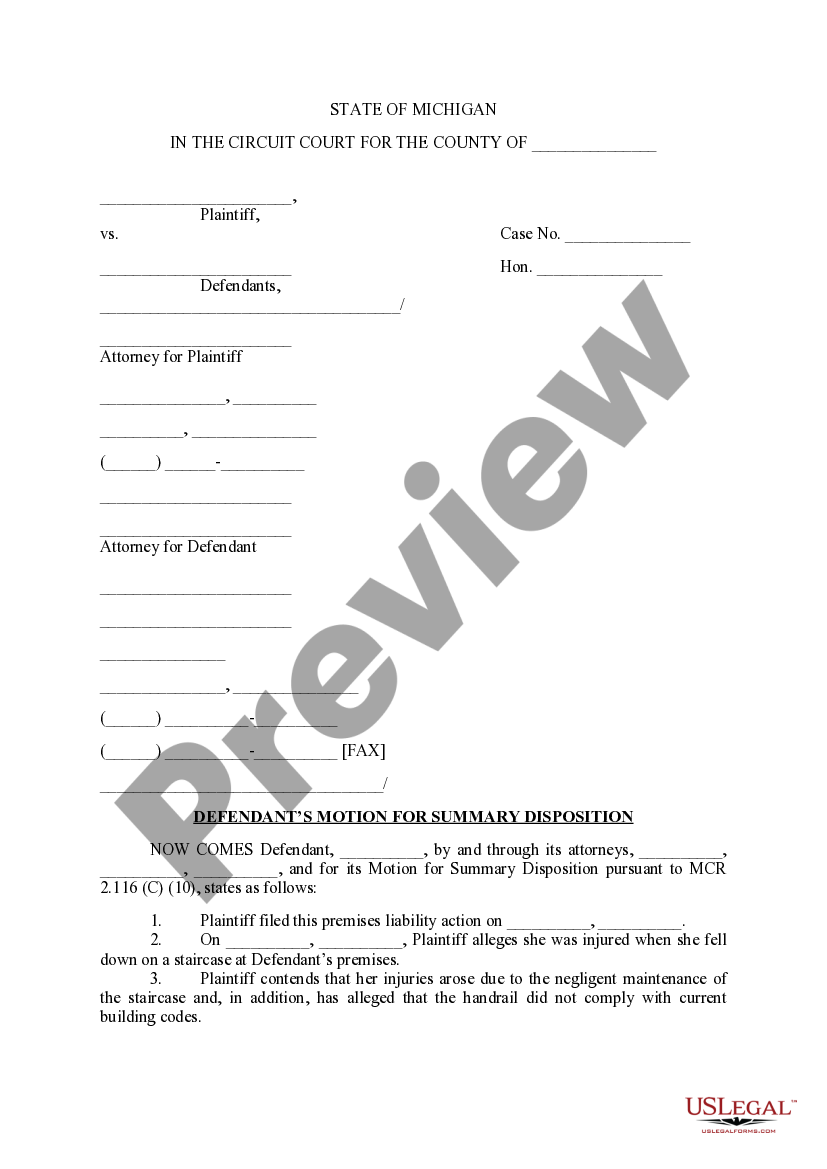 Wayne Michigan Defendant’s Motion for Summary Disposition US Legal Forms