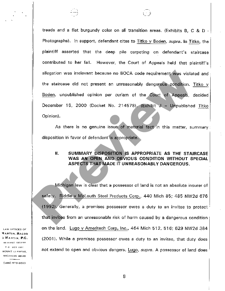 Michigan Brief In Support Of Defendant S Motion For Summary Disposition Us Legal Forms