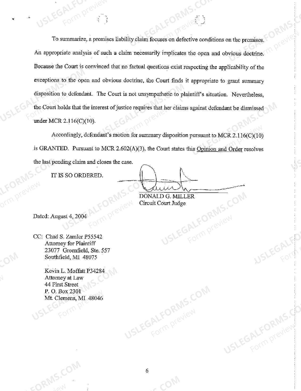 Oakland Michigan Opinion And Order Granting Motion for Summary