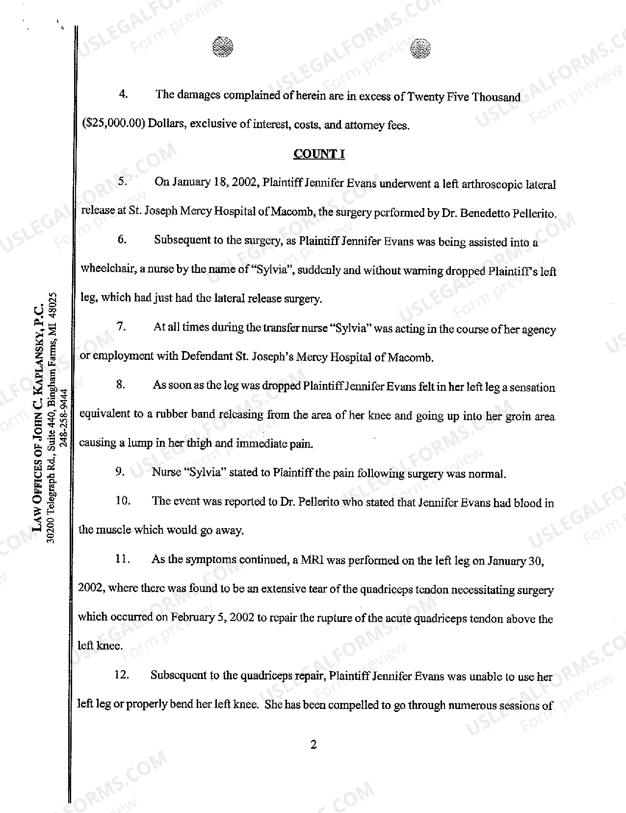 Preview A01 Complaint And Demand for Jury Trial regarding Injury to Hospital Patient Caused by Nurse