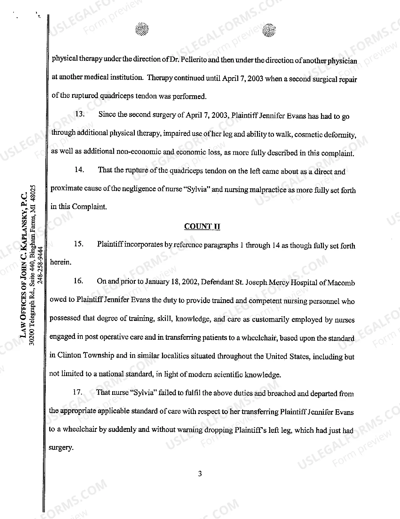 Preview A01 Complaint And Demand for Jury Trial regarding Injury to Hospital Patient Caused by Nurse