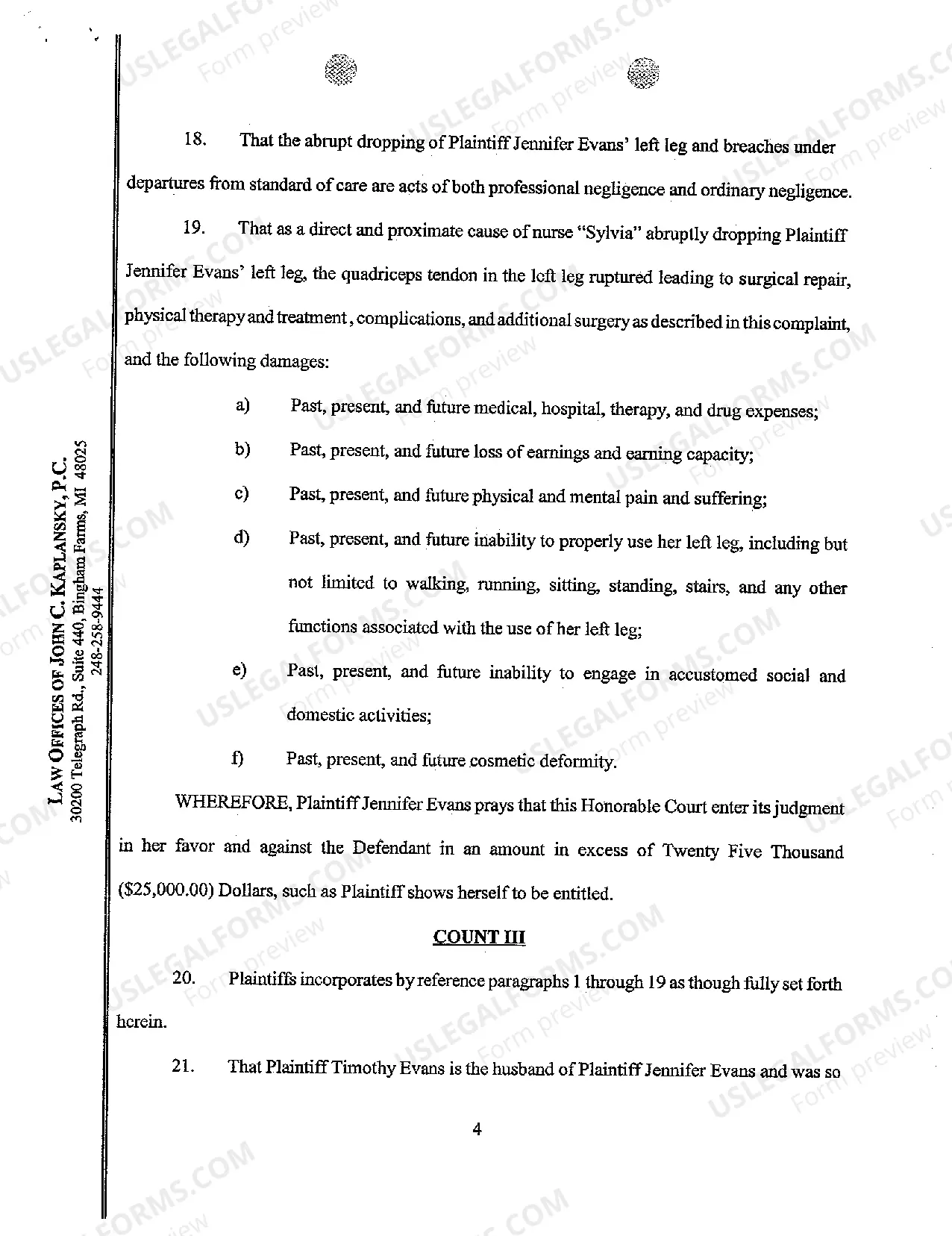 Preview A01 Complaint And Demand for Jury Trial regarding Injury to Hospital Patient Caused by Nurse