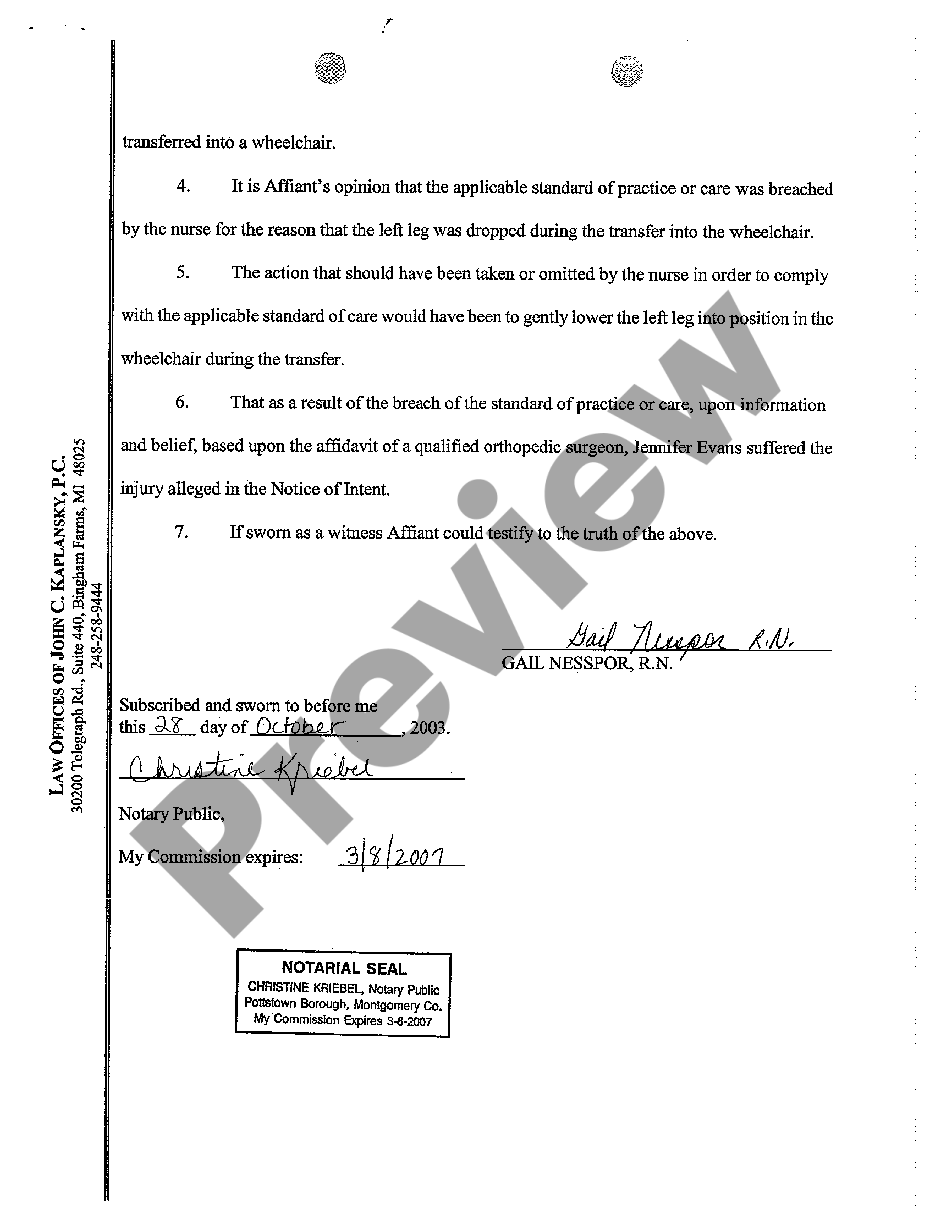 Michigan Affidavit Of Merit By Independent Rn Us Legal Forms 3118