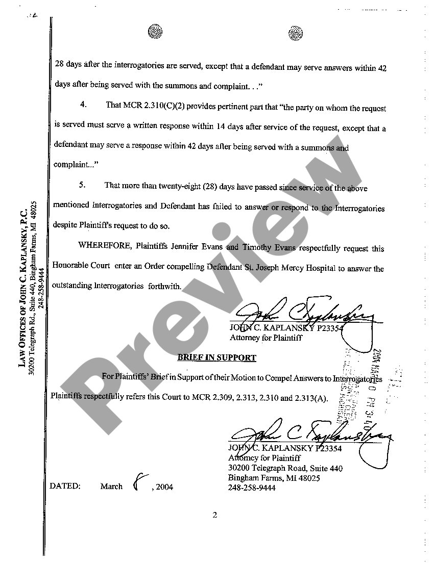 Michigan Plaintiff's Motion to Compel Defendant Answers to ...