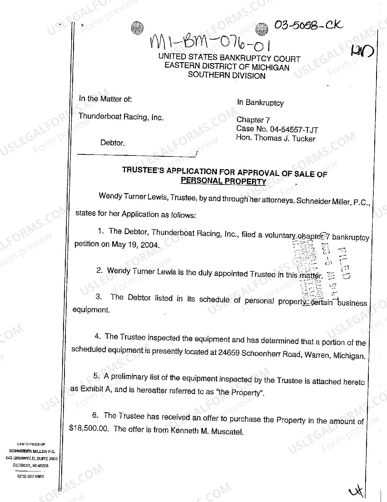 Michigan Trustee's Application for Approval of Sale of Personal