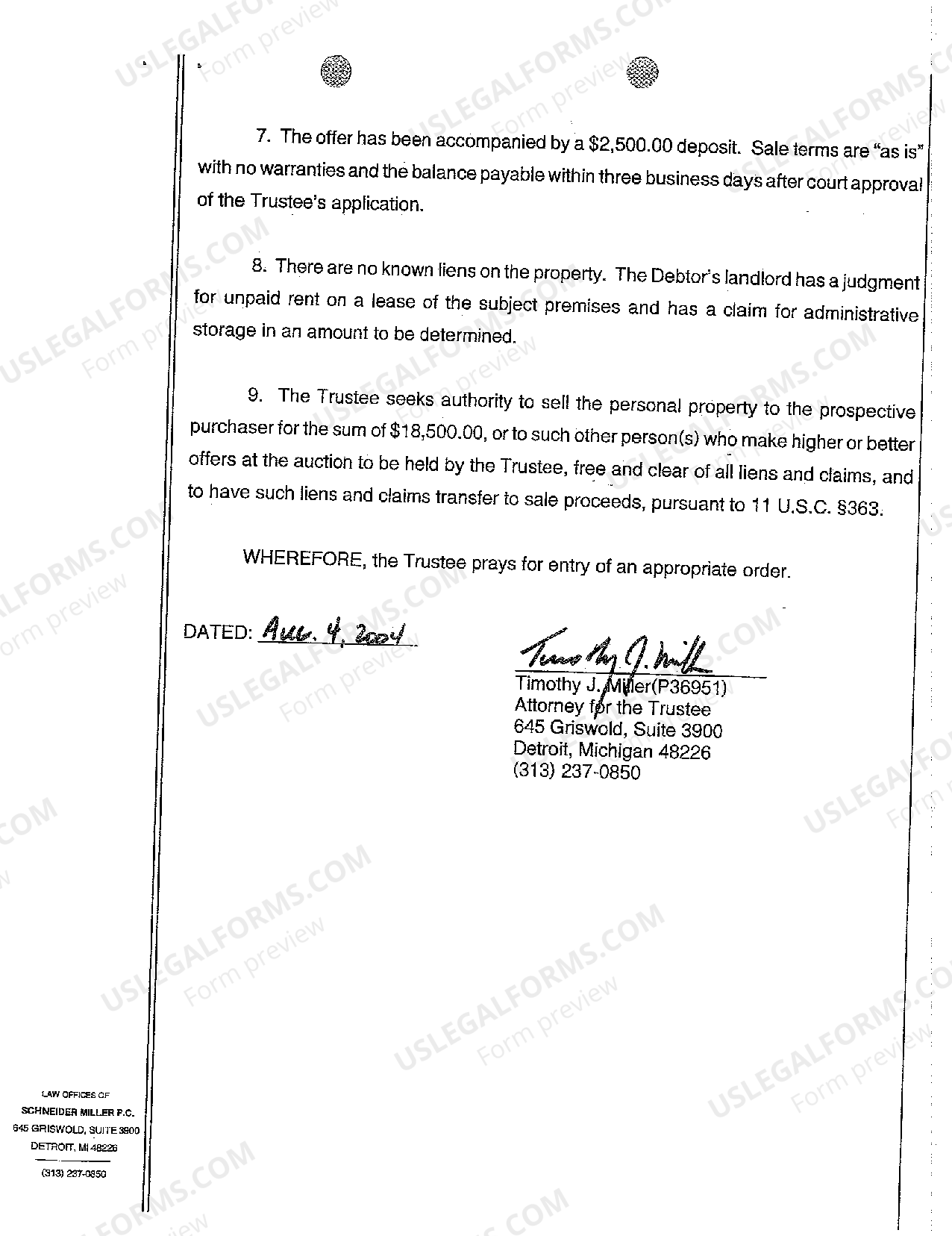 Michigan Trustee's Application for Approval of Sale of Personal