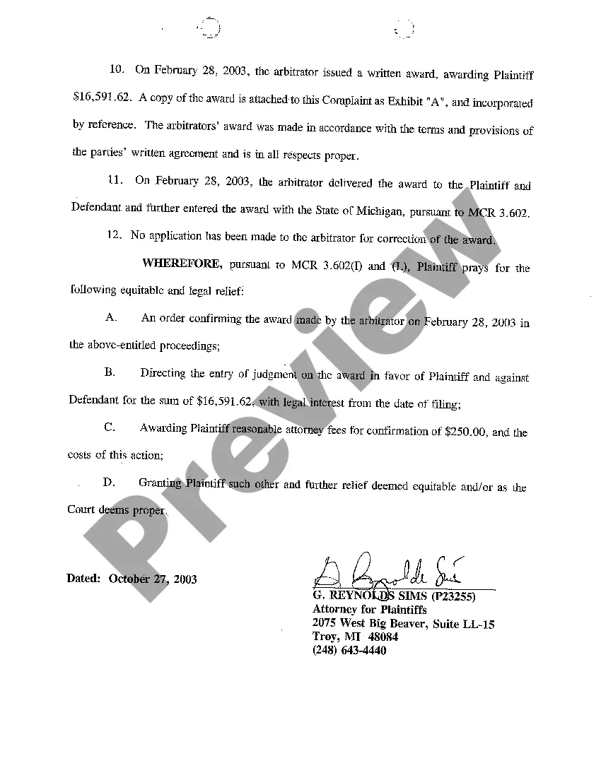 Preview A01 Verified Complaint to Confirm Arbitration Award