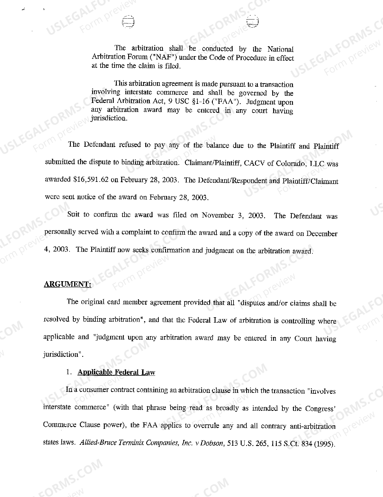 Michigan Motion To Compel Arbitration Award Form With 2 Points US